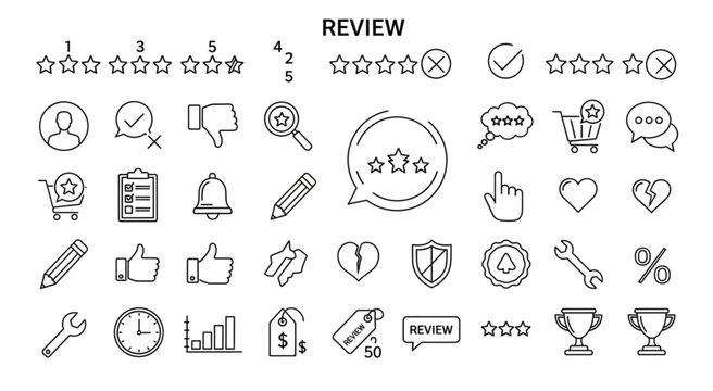 Collection of review icons and symbols for rating and feedback elements.