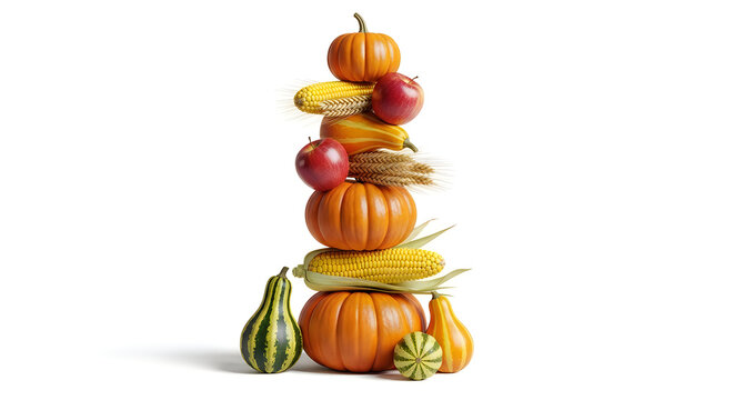 Vertical arrangement of autumn harvest pumpkins corn and apples on white background with seasonal