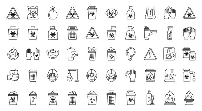 Collection of various hazard and biohazard symbols, signs, and containers.