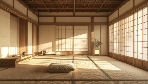 Traditional Japanese Room Interior with Tatami Mats and Shoji Screens.