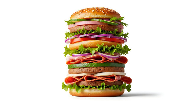 Towering triple beef burger with lettuce tomato onion and pickles isolated on white background
