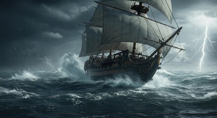 Obraz premium Ship Sailing Through Stormy Weather.