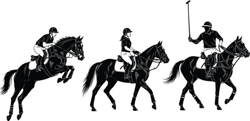 PrintEquestrian sports vector set featuring horse jumping, dressage riding, and polo player illustrations, black and white isolated horse rider silhouettes. © MDMORSALIN