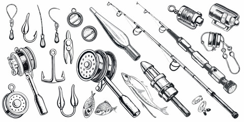 Various fishing tools and equipment arranged in a detailed sketch style © Rubel