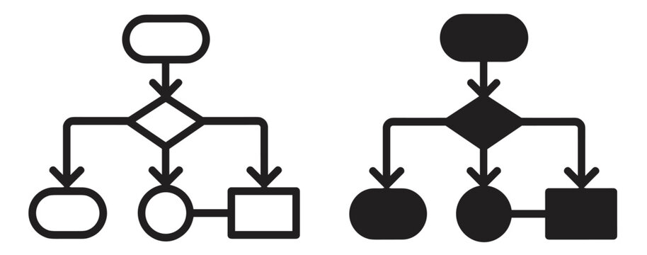 flowchart diagram icon, workflow process structure hierarchy organization business chart system connection network planning strategy symbols on transparent background