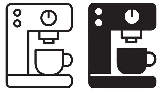 coffee machine icon, espresso maker cafe kitchen appliance drink beverage cup mug barista brewing equipment symbols on transparent background