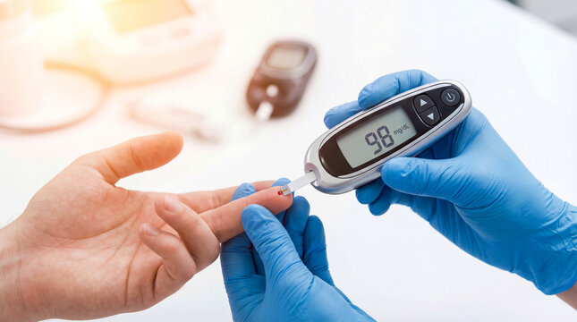 Blood glucose test Finger prick Glucometer Diabetes Blood sugar Medical checkup Healthcare worker taking blood sugar reading