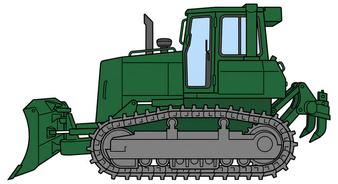 Clean minimalist 2D flat vector graphic of a blank green swamp crawler bulldozer side profile isolated on white