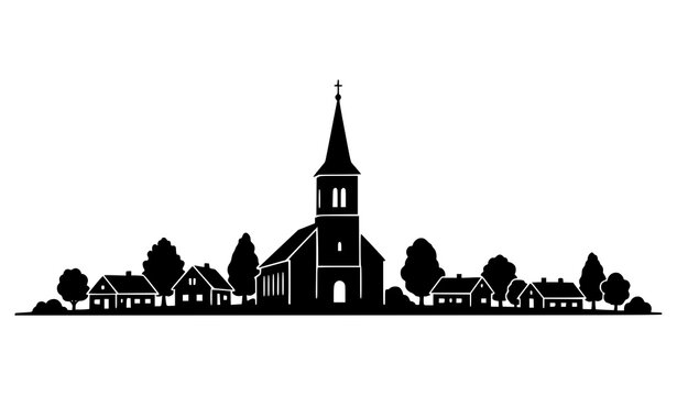 Silueta iglesia casas &aacute;rboles vector paisaje rural