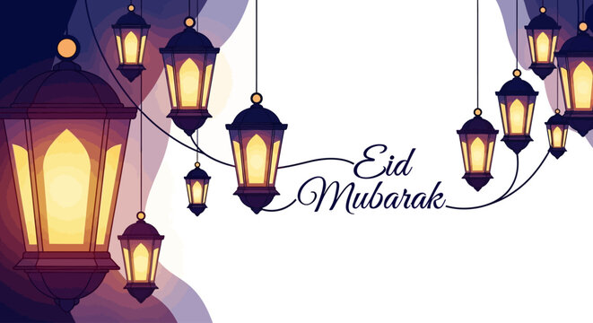 Eid Mubarak Banner With Hanging Lanterns and Arabic Invocation