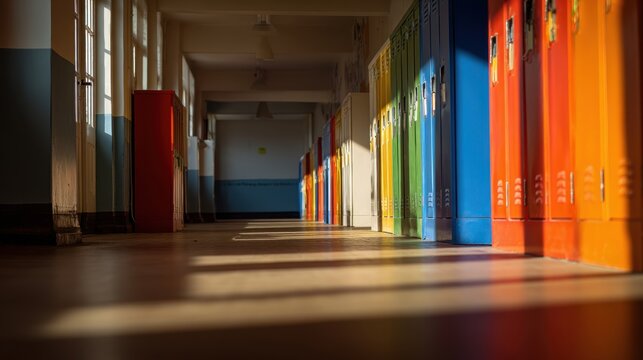 Colorful Lockers in School Hallway at Sunrise