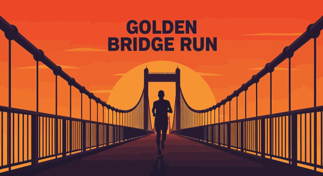 Runner Crossing Suspension Bridge at Sunset Silhouette Against Orange and Warm Horizon