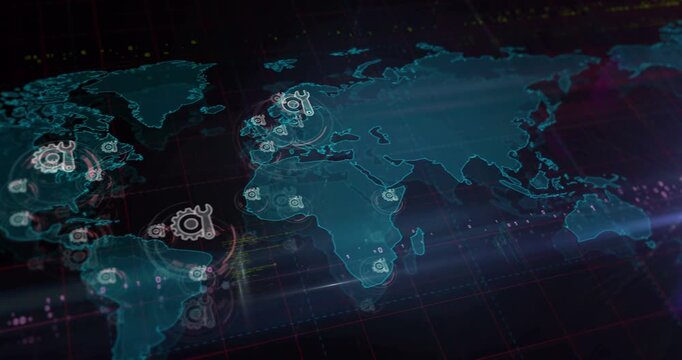 Setting maintenance and cyber management symbols over world map. Seamless looped technology concept.