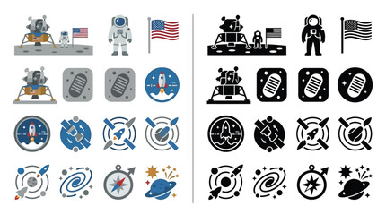 Collection of colorful and monochrome icons representing space exploration, including astronauts, lunar modules, rockets, galaxies, and celestial bodies. © Feldway