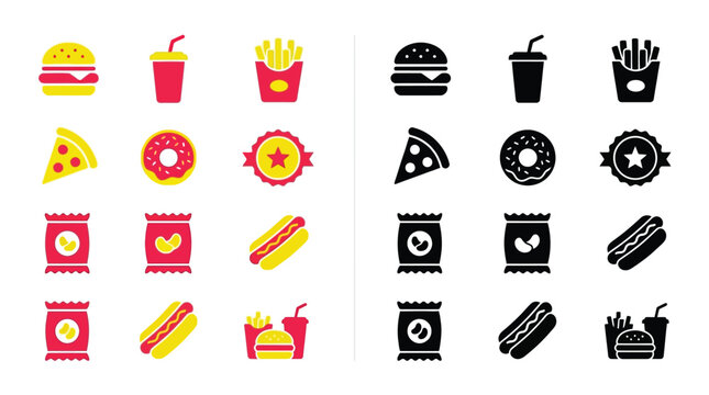 A collection of colorful and black and white icons representing various fast food items and snacks, presented in a grid layout.