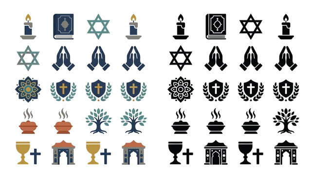 Collection of religious symbols and icons representing various faiths and spiritual practices, presented in both color and silhouette.