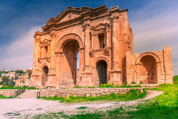 Naklejka premium Jerash, Jordan. Arch of Hadrian ruins in the city of Gerasa, ancient Roman Empire.
