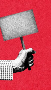 Hand holding blank protest sign on red textured background in creative animation. Concept of activism, protest messaging, social awareness campaigns, public voice and demonstration use.