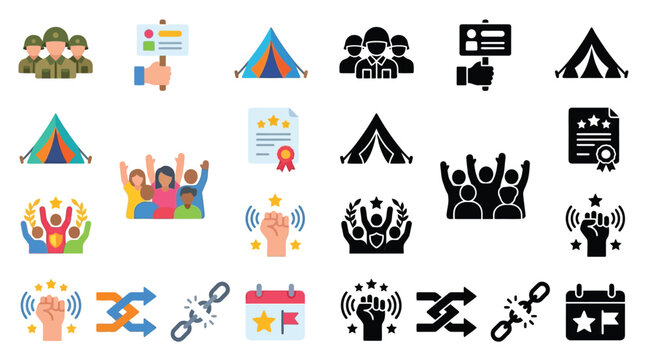 Collection of Flat Icons Representing Social Activism, Protests, Community, and Events.