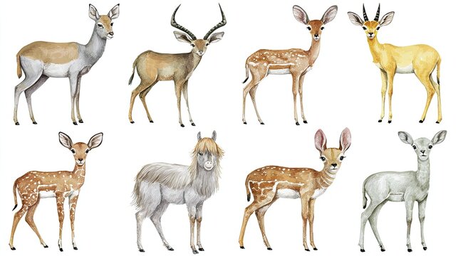 Collection of detailed watercolor illustrations depicting various antelopes and a longhaired ungulate species