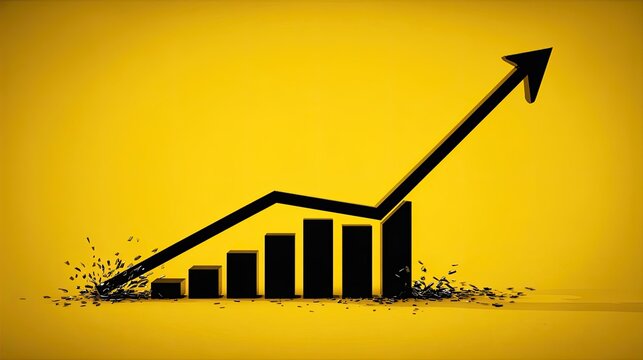 Rising trend line sharply breaks through preceding data points depicted by ascending black bars against a vibrant yellow background