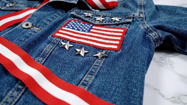 Patriotic Flat Lay of Vintage Denim Jacket with American Flag Patch, Silver Star Pins and Red White Ribbons on White Marble for USA Independence Day