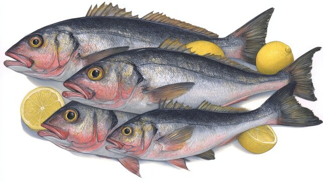 Four freshly caught sea bass are artistically arranged with bright yellow citrus fruit.