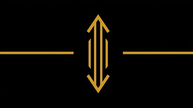 Stylized gold graphic design features symmetrical vertical arrows balanced by horizontal lines on a black background.