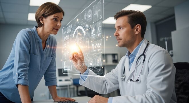 Two healthcare professionals intently examining a holographic medical scan of a human body discussing potential diagnoses and treatment options