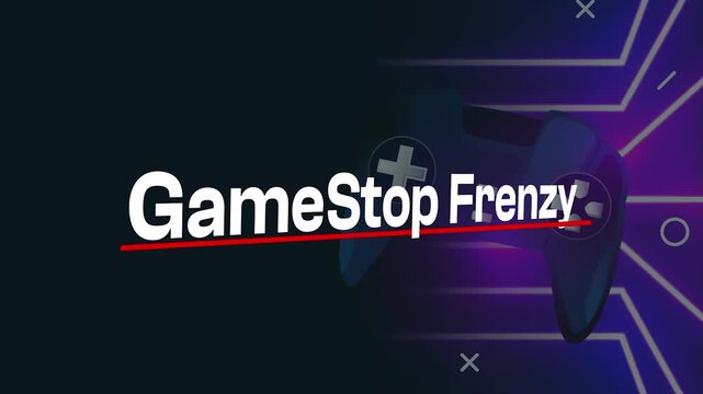 GameStop Frenzy : A digital artwork that merges text and a game controller in an abstract illustration, suggesting an engaging and high-energy atmosphere. 