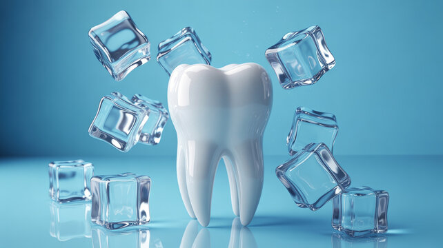 Close-up of a single white tooth surrounded by ice cubes and shards
