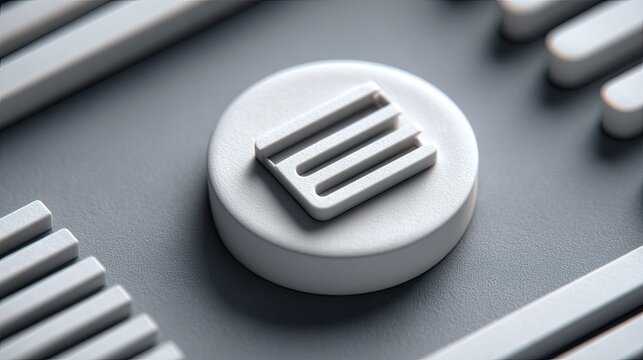 Minimalist white emblem is centered upon a cylindrical platform against a textured gray background with surrounding parallel elements.