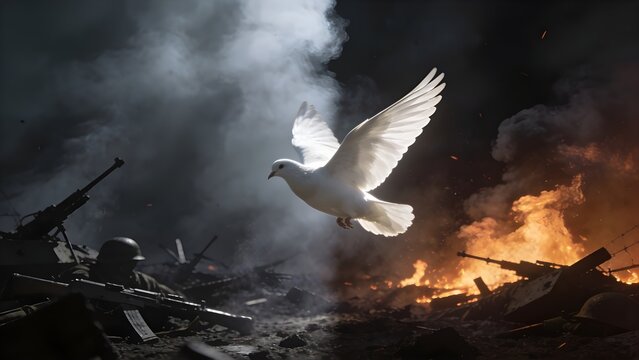 White dove of peace flying over a dark battlefield with fire and smoke. Cinematic representation of hope and ceasefire amidst war destruction and conflict.