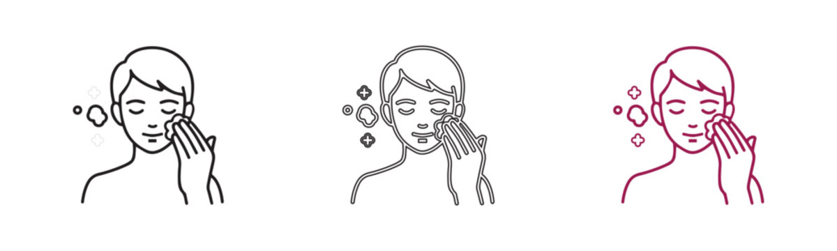 Vector set of woman washing face with water splash icons in black grey and pink illustration