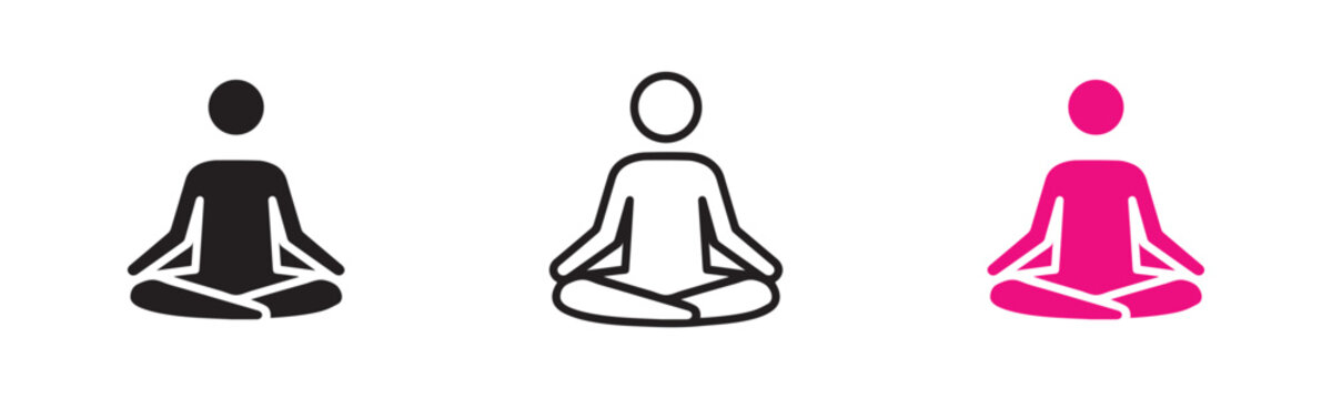 Vector set of meditation yoga pose icons in black white and pink illustration