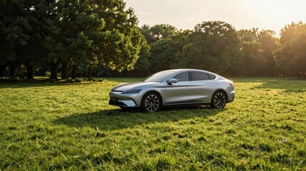Fototapeta premium Silver car stands on green grass at sunset in a park setting
