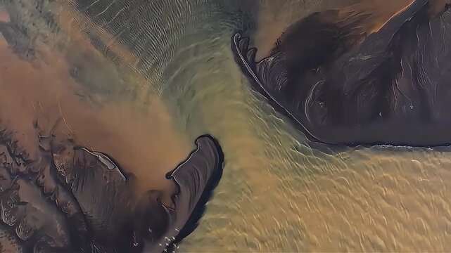 top down aerial view of volcanic black sand river delta with flowing water