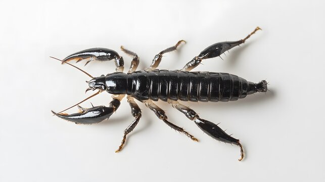 Closeup of a dark brown earwig with prominent pincers on a white background.