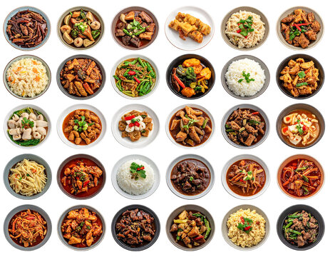 Assorted chinese dishes in round bowls displaying varied textures and colors