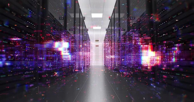 Advanced supercomputer processing big data in a modern facility. Technology And AI Related 3D Animation.