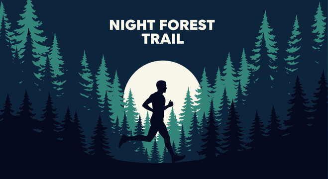 Runner Enjoys Forest Trail Under Moonlight With Silhouette Trees Graphic Design