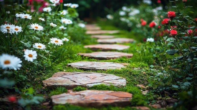 A rustic stone path winding through a vibrant cottage garden full of roses and daisies.