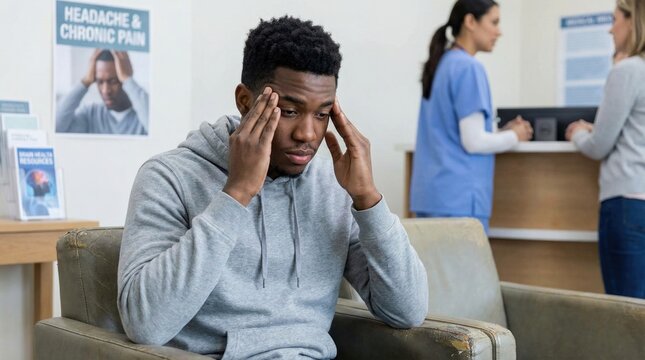 A person sits in a chair, holding their head in their hands, expressing sadness or frustration