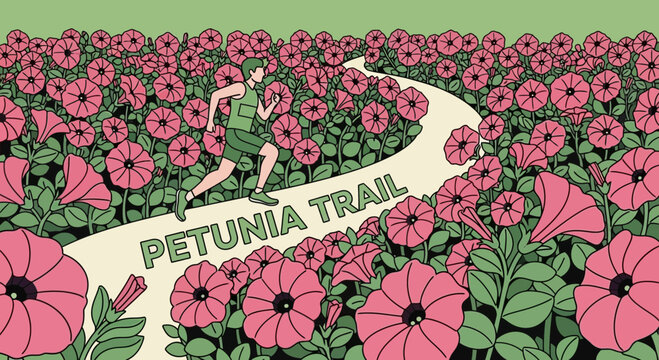 Runner Exploring Floral Trail Amidst Summer Petunias Blossoms With Vibrant Surroundings