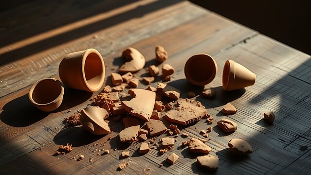 permanence. Shattered terracotta pot fragments on rustic wooden table, dramatic shadows. lifestyle magazines, social media lookbooks, designed for influencer and brand collaborations.