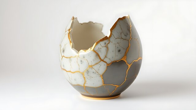 bennington. Shattered ceramic vase repaired with golden lacquer, kintsugi art on simple background. event programs, museum guides, designed for cultural heritage projects and event programs.