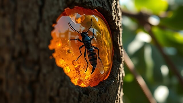 copal. Golden amber copal resin trapped in tree bark containing a preserved insect. gardening catalogs, home-decor guides, designed for home decor and floral branding, used by nutritionists.