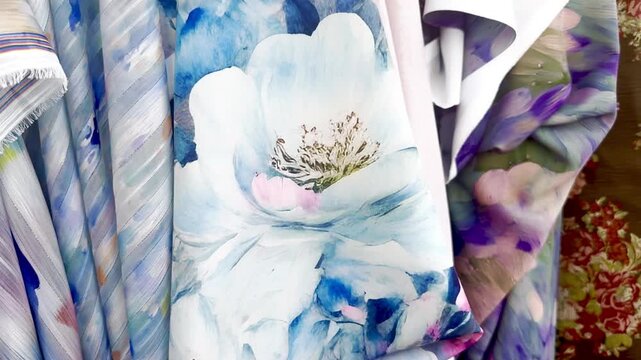 The camera moves past multicolored artificial silk fabrics.