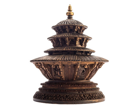 Intricately carved pagoda-style chitrakoot sculpture in rich bronze tones