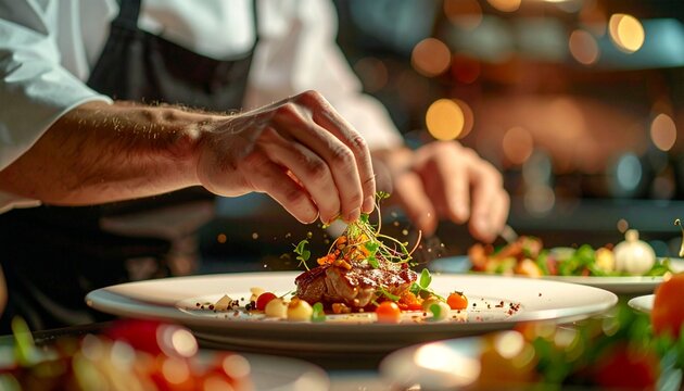 A professional chef is meticulously preparing a gourmet meal in a luxury restaurant kitchen. The focus is on the chef's hands who apply the final touch of microgreen garnish on top of the cut d